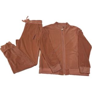Pink velour track suit